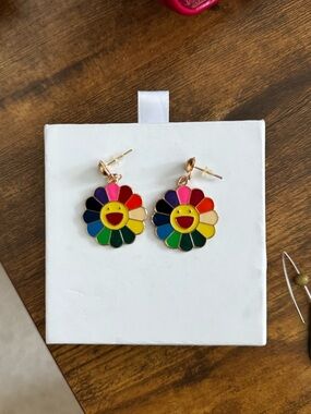 Murakami-Inspired Colorful Rainbow Smile Flower Drop Earrings 14k Gold Plated